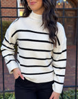 Striped Mock Neck Sweater- Ivory