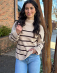 Striped Mock Neck Sweater- Beige