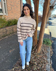 Striped Mock Neck Sweater- Beige